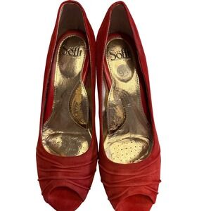 Sofft Red Suede Peep Toe Pumps Ruched Platform Stacked Heel Womens 9.5‎